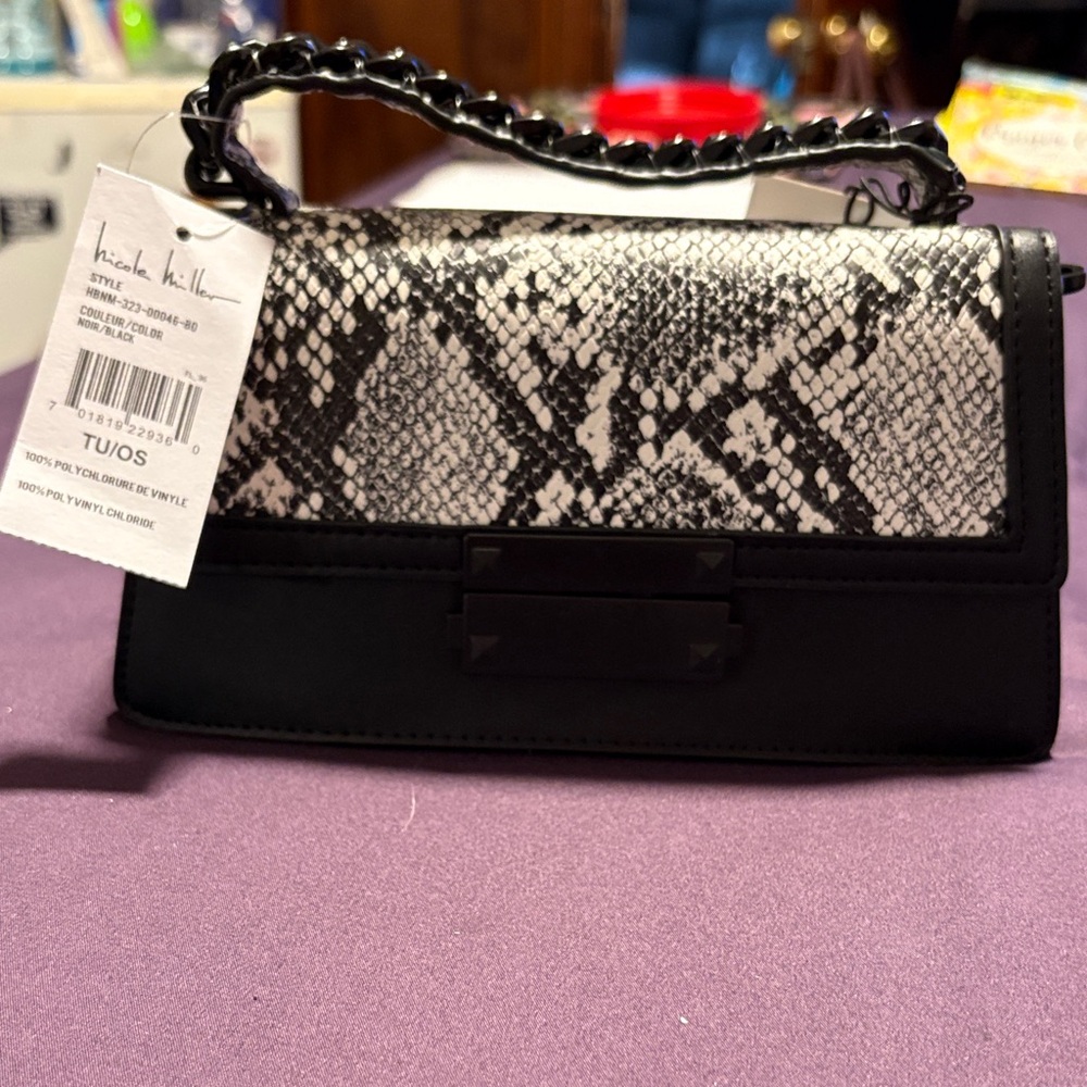 Nicole Miller Black and White Snake-Print Top Handle Clutch